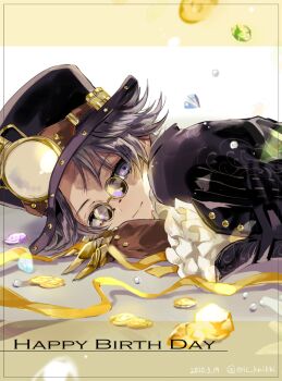 1boy black_hair black_jacket blue_eyes brown_gloves claws coin eric_knikki fake_claws frilled_sleeves frills gem glasses gloves happy_birthday hat hat_lantern identity_v jacket looking_at_viewer lying male_focus norton_campbell norton_campbell_(mr._mole) official_alternate_costume on_stomach pearl_(gemstone) pince-nez ribbon scar scar_across_eye scar_on_face smile sunglasses top_hat twitter_username yellow_ribbon