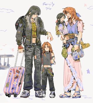 4girls aerith_gainsborough arm_around_leg armband backpack bag black_hair black_jacket black_pantyhose black_shirt blue_ribbon blue_sandals blue_shirt blue_shoes boots brown_hair brown_shoes child collared_dress dress dress_under_shirt family final_fantasy final_fantasy_vii full_body fur-trimmed_jacket fur_trim green_eyes grey_shoes hair_ribbon half_updo if_they_mated jacket jeremr long_dress midriff mother_and_daughter multiple_girls navel open_mouth original pantyhose parted_bangs pink_dress pink_ribbon puffy_short_sleeves puffy_sleeves red_eyes ribbon rolling_suitcase sandals shirt shoes short_sleeves shoulder_bag sidelocks sketch sleeveless sleeveless_turtleneck smile sneakers sticker suitcase tifa_lockhart turtleneck white_shirt yellow_boots yellow_shirt yuri