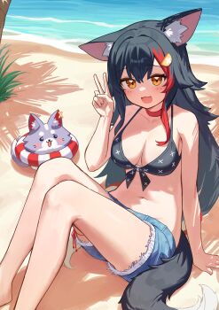 1girl :3 :d absurdres animal_ears barefoot beach bikini bikini_top_only black_bikini black_hair blue_shorts choker commentary day deaver denim denim_shorts double-parted_bangs flipped_hair frayed_shorts front-tie_bikini_top front-tie_top hair_ornament hairclip hand_up highres hololive knees_up leg_ribbon long_hair miofa_(ookami_mio) multicolored_hair navel o-ring o-ring_bikini o-ring_top ookami_mio open_mouth outdoors red_choker red_hair ribbon short_shorts shorts sidelocks sitting smile solo stomach streaked_hair swimsuit tail thigh_ribbon v very_long_hair virtual_youtuber wolf_ears wolf_girl wolf_tail yellow_eyes