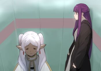 2girls :3 =_= black_coat blunt_bangs capelet closed_eyes closed_mouth coat contemporary dress earrings fern_(sousou_no_frieren) frieren from_side gold_trim hair_over_shoulder higemu highres indoors jewelry long_hair long_pointy_ears multiple_girls neon_genesis_evangelion open_clothes open_coat parted_bangs pendant_earring pointy_ears pout profile puckered_lips purple_eyes purple_hair scene_reference sousou_no_frieren standing sweat teardrop_earrings twintails v-shaped_eyebrows white_dress white_hair