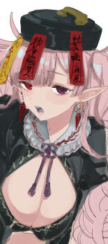 1girl black_dress black_hat breasts cleavage cleavage_cutout clothing_cutout colored_tongue commentary_request dress earrings eurasia_(wtp09ptw14) hat heterochromia highres jewelry large_breasts long_hair looking_at_viewer open_mouth original parted_bangs pink_hair pointy_ears purple_eyes purple_tongue red_eyes sharp_teeth simple_background sketch solo teeth unfinished upper_body white_background