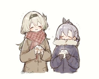 2girls :i blonde_hair brown_coat closed_eyes coat commentary_request eating emphasis_lines firefly_(honkai:_star_rail) food fur-trimmed_coat fur_trim grey_hair hair_ornament hairclip happy highres holding holding_food honkai:_star_rail honkai_(series) long_hair multiple_girls purple_coat red_scarf scarf silver_wolf_(honkai:_star_rail) simple_background smile steamed_bun white_background winter_clothes winter_coat x_hair_ornament xeitlfrycz64403
