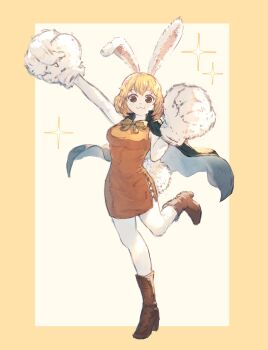 1girl absurdres animal_ears blonde_hair boots breasts brown_boots carrot_(one_piece) chagallkun cloak dress full_body furry furry_female gloves green_cloak highres leg_up medium_breasts one_piece orange_dress rabbit_ears rabbit_girl rabbit_tail short_dress short_hair solo tail white_fur