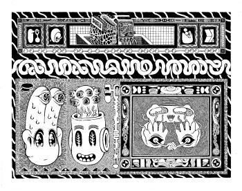 15ooo 1girl @_@ absurdres body_horror cat eyelashes greyscale highres machine monochrome open_mouth original sharp_teeth surreal sweat teeth thick_eyebrows toon_(style)