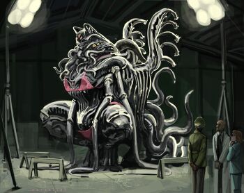 1girl 2boys absurdres bikini creature extra_eyes hangar highres military_uniform monster multiple_boys original other_focus pink_bikini scientist squatting swimsuit tentacle_wings tentacles zarzaliel