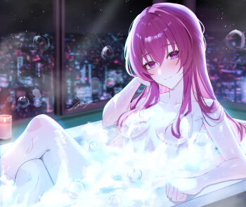 1girl bathing bathroom bathtub blush breasts bubble building candle city city_lights cleavage collarbone covered_erect_nipples crossed_legs hair_between_eyes hand_on_own_cheek hand_on_own_face highres honkai:_star_rail honkai_(series) indoors kafka_(honkai:_star_rail) large_breasts long_hair looking_at_viewer miya-chan_(lightning0730) night nude purple_eyes purple_hair sky smile solo star_(sky) starry_sky wet window