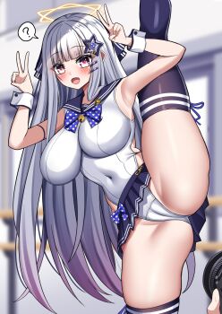 1girl ? absurdres black_skirt black_thighhighs blunt_bangs blurry blurry_background breasts cameltoe cleft_of_venus covered_navel double_v flexible gradient_hair grey_hair hair_ornament hairclip halo highres impossible_clothes impossible_leotard kumanosora large_breasts leotard long_hair looking_at_viewer medium_breasts multicolored_hair open_mouth original pleated_skirt purple_hair pussy red_eyes sidelocks skirt smile solo split spoken_question_mark standing standing_on_one_leg standing_split star_(symbol) star_hair_ornament thighhighs thighs v very_long_hair white_leotard wrist_cuffs yellow_halo