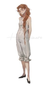 1girl arms_behind_back black_shoes blue_eyes braid braided_ponytail chemise closed_mouth full_body gynger_edventray_(hiiragimare) highres hiiragimare hogwarts_legacy long_hair looking_at_viewer original red_hair shoes simple_background smile solo watermark white_background white_chemise wizarding_world