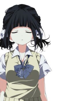 Rule 34 | 1girl, black hair, blue bow, blue bowtie, blunt bangs, bow, bowtie, character request, closed eyes, collared shirt, copyright request, facing viewer, hair ornament, highres, insomnia (insomnia plus), parted lips, school uniform, shirt, short hair, short sleeves, simple background, skull hair ornament, solo, sweater vest, upper body, white background, white shirt, yellow sweater vest