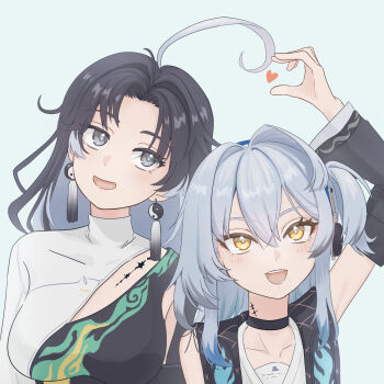 2girls 8k_u ahoge arm_up black_choker black_eyes black_hair black_shirt blue_hair breasts buling_(wuthering_waves) choker collarbone colored_inner_hair commentary_request detached_sleeves grey_hair headphones heart highres huge_ahoge jianxin_(wuthering_waves) medium_breasts multicolored_hair multiple_girls open_mouth shirt side_ponytail smile tacet_mark_(wuthering_waves) two-tone_shirt white_shirt wuthering_waves yellow_eyes