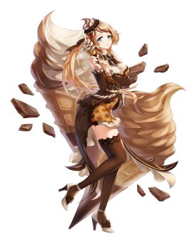 Rule 34 | 1girl, artist request, blonde hair, blue eyes, breasts, brooch, brown dress, brown hat, brown ribbon, brown shoes, brown sleeves, brown streaks, brown thighhighs, chocolate, commentary, commentary request, detached sleeves, dress, dress ribbon, english commentary, food, food-themed background, food-themed clothes, food-themed hat, foot up, frey (king's raid), full body, hair ribbon, hat, high heels, highres, holding, holding ice cream cone, ice cream, ice cream cone, jewelry, king's raid, korean commentary, layered sleeves, long hair, long sleeves, medium breasts, mixed-language commentary, official alternate costume, official art, own hands together, ponytail, ribbon, second-party source, shoes, simple background, solo, thighhighs, white background