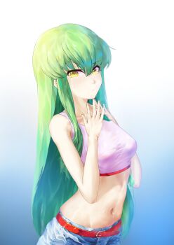 1girl absurdres belt belt_buckle blue_background blue_pants breasts buckle c.c. closed_mouth code_geass gradient_background green_hair hair_between_eyes highres long_hair medium_breasts midriff mosaic_hd navel pants red_belt solo standing stomach straight_hair sweatdrop very_long_hair white_background white_crop_top yellow_eyes