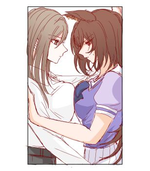 2girls absurdres ama_kara_23 animal_ears bare_shoulders black_pants bow bowtie breast_press breasts closed_mouth cramped ear_ornament expressionless female_trainer_(umamusume) grey_hair hair_between_eyes highres horse_ears horse_girl large_breasts looking_at_another looking_at_breasts multiple_girls pants parted_lips pleated_skirt puffy_short_sleeves puffy_sleeves purple_bow purple_bowtie purple_shirt red_eyes sailor_collar school_uniform shirt short_sleeves sirius_symboli_(umamusume) skirt sweatdrop symmetrical_docking tracen_school_uniform trainer_(umamusume) umamusume white_sailor_collar white_shirt white_skirt yuri