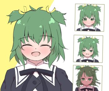 1girl :d :t ^_^ absurdres antenna_hair assault_lily black_ribbon blush buttons chitonimu closed_eyes closed_mouth cropped_jacket facing_viewer fang fang_out green_eyes green_hair hair_ribbon highres looking_at_viewer multiple_expressions multiple_views neck_ribbon open_mouth pout ribbon school_uniform shade short_hair skin_fang smile two-tone_background two_side_up upper_body white_background yellow_background yellow_ribbon yoshimura_thi_mai yurigaoka_girls_academy_school_uniform