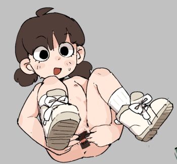 1girl ahoge anus ass blush_stickers brown_hair censored dui_(duihan) flat_chest loli medium_hair mob_face nipples nude original pussy shoes sketch sneakers spread_legs spread_pussy twintails