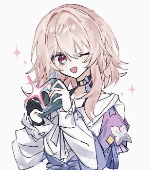 1girl :d archery_shooting_glove black_choker black_gloves blue_eyes blush camera choker commentary_request gloves hair_between_eyes hair_intakes hands_up holding holding_camera honkai:_star_rail honkai_(series) hyb_muyuu long_sleeves looking_at_viewer march_7th_(honkai:_star_rail) march_7th_(preservation)_(honkai:_star_rail) multicolored_eyes one_eye_closed open_mouth partially_fingerless_gloves pink_eyes pink_hair portrait shirt short_hair_with_long_locks simple_background single_glove smile solo sparkle sparkling_eyes two-tone_eyes white_background white_shirt