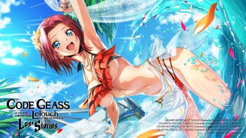 1girl arm_up armpits bikini blue_eyes blue_sarong blue_sky blush bracelet breasts caustics cloud code_geass code_geass:_lost_stories collarbone commentary commentary_request cowboy_shot curtained_hair day dutch_angle english_commentary f4samurai falling_petals flower forehead frilled_bikini frills hair_flower hair_ornament happy highres jewelry kouzuki_kallen large_breasts light_blush light_rays looking_at_viewer multi-strapped_bikini_bottom multicolored_bikini navel necklace ocean official_art open_mouth orange_flower outdoors petals red_hair sarong see-through_clothes shiny_skin short_hair sidelocks sky smile solo splashing standing stomach sunlight swimsuit teeth thighs tree two-tone_bikini underboob wading water waves