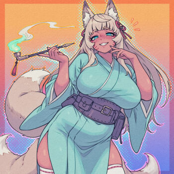 1girl animal_ear_fluff animal_ears aqua_eyes aqua_kimono blonde_hair blue_nails blunt_bangs border breasts brown_tail caffichai clenched_teeth commentary cowboy_shot english_commentary freckles half-closed_eyes head_tilt highres holding holding_smoking_pipe japanese_clothes kimono large_breasts long_hair looking_at_viewer multiple_tails notice_lines open_mouth orange_background original outline outside_border purple_background smoking_pipe solo tail teeth thighhighs