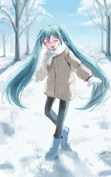 1girl absurdres aqua_hair aruminsuko black_pants blue_boots blue_sky blush boots brown_jacket closed_eyes cold facing_viewer gloves hair_between_eyes hatsune_miku highres jacket long_hair open_mouth pants scarf sidelocks sky smile snow snow_on_tree solo tree twintails very_long_hair vocaloid white_gloves white_scarf