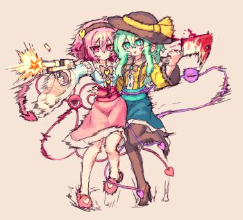 Rule 34 | 2girls, black hairband, black hat, black pantyhose, black shoes, blood, blue shirt, cleaver, commentary, desert eagle, firing, full body, green eyes, green hair, gun, hair between eyes, hair ornament, hairband, handgun, hat, hat ribbon, heart, heart hair ornament, high heels, highres, holding, holding cleaver, holding gun, holding weapon, komeiji koishi, komeiji satori, korean commentary, long hair, long sleeves, multiple girls, pantyhose, pink background, pink eyes, pink hair, pink skirt, pink slippers, rampa93, ribbon, shell casing, shirt, shoes, short hair, siblings, simple background, sisters, skirt, slippers, standing, standing on one leg, third eye, touhou, weapon, wide sleeves, yellow ribbon, yellow shirt