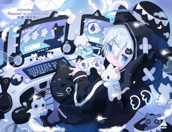 1boy animal_ear_footwear black_shorts black_slippers blue_eyes blue_halo blue_theme blush_stickers cat closed_mouth commentary_request commission computer_keyboard computer_mouse controller cotono_(nazekun) drink_carton fang fang_out film_grain greyscale hair_between_eyes hair_ornament halo headphones highres holding holding_controller hood hood_up hooded_jacket jacket milk_carton monitor monochrome original short_hair shorts sitting skeb_commission skin_fang slippers solo speech_bubble spoken_squiggle squiggle white_hair x_hair_ornament