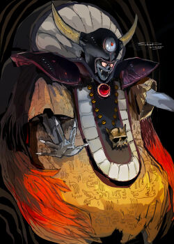 Rule 34 | 1boy, absurdres, armor, black background, black helmet, blue skin, cape, colored skin, commentary request, dated, dragon quest, dragon quest iii, fake horns, fingernails, gem, glowing, glowing eyes, helmet, highres, horned helmet, horns, impasto, jewelry, looking ahead, male focus, monster, necklace, no humans, open mouth, pauldrons, red cape, red eyes, red gem, robe, sharp fingernails, sharp teeth, short sleeves, shoulder armor, signature, sitting, skull necklace, solo, sukepmonster, teeth, third eye, wide-eyed, yellow horns, yellow robe, zoma