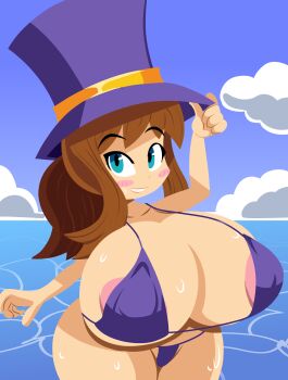 1girl a_hat_in_time absurdres adjusting_clothes adjusting_headwear areola_slip bikini blue_eyes blush_stickers breasts cleavage closed_mouth cloud collarbone colored_nipples covered_erect_nipples hat hat_kid highres long_hair looking_down oppai_loli outdoors ponytail purple_hat purple_nipples sidelocks sky smile solo sweat swimsuit teeth thick_thighs thighs top_hat water yelladrill yellow_trim