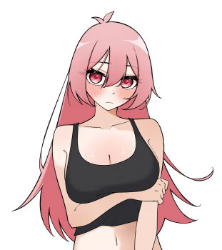 1girl absurdres aeulos357 antenna_hair arm_under_breasts black_tank_top blush breasts commentary highres large_breasts long_hair looking_at_viewer mumble_(shachimu) navel original pink_eyes pink_hair simple_background solo symbol-only_commentary tank_top white_background