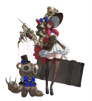 1girl absurdres animal_puppet aqua_eyes black_pantyhose blue_bow blue_bowtie blush bow bowtie brooch brown_hat button_eyes buttons commentary frilled_thighhighs frills full_body greenpie hat hat_bow highres holding_case jewelry loafers looking_at_viewer marionette mary_janes mechanical_arms monocle original pantyhose parted_lips pouch puppet puppet_strings puppeteering red_hair ringlets shoes simple_background single_mechanical_arm solo stuffed_animal stuffed_toy tachi-e thighhighs white_background zettai_ryouiki