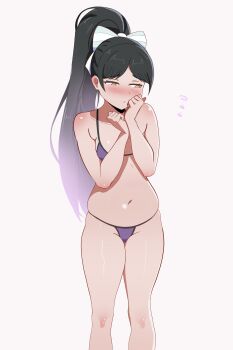 1girl absurdres bare_arms bare_shoulders bikini black_hair blush bow breasts closed_mouth collarbone covering_breasts covering_privates embarrassed flying_sweatdrops hair_bow half-closed_eyes hand_on_own_face hazuki_ren highres knees long_hair love_live! love_live!_superstar!! niiru96 parted_bangs ponytail purple_bikini simple_background small_breasts solo string_bikini swimsuit thick_thighs thighs thighs_together wide_hips yellow_eyes