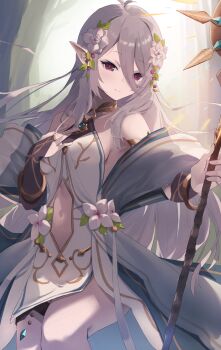 Rule 34 | 1girl, absurdres, aged up, backlighting, bare shoulders, black gloves, blue gem, blue trim, breasts, bridal gauntlets, closed mouth, clothing cutout, collarbone, commentary request, dress, flower, gem, gloves, gold trim, grey hair, hair between eyes, hair flower, hair ornament, halter dress, halterneck, hand on own chest, hand up, highres, holding, holding staff, kokkoro (princess connect!), kokkoro (young guide) (princess connect!), long hair, long hair between eyes, looking at viewer, medium breasts, outdoors, pointy ears, princess connect!, purple eyes, rain yadori, sidelocks, smile, solo, staff, stomach cutout, thighs, very long hair, white dress