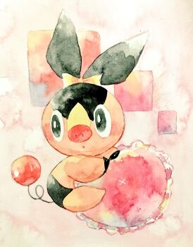 Rule 34 | animal focus, black eyes, bow, bright pupils, full body, gem, gen 5 pokemon, highres, nintendo, no humans, non (kumakawayusu), painting (medium), parted lips, pink gemstone, pokemon, pokemon (creature), solo, tepig, traditional media, watercolor (medium), white pupils, yellow bow