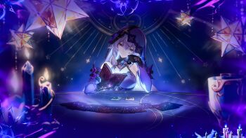 1girl absurdres bad_link black_swan_(honkai:_star_rail) book breasts candle chalice cup dress elbow_gloves game_cg gloves hair_between_eyes hand_on_own_face highres holding holding_book honkai:_star_rail honkai_(series) incredibly_absurdres indoors large_breasts official_art promotional_art purple_dress purple_eyes purple_gloves purple_hair purple_theme purple_veil smile solo star_(symbol) tarot veil