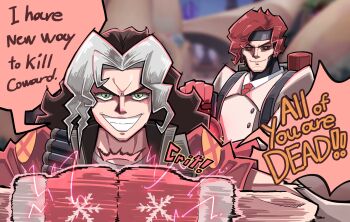 1boy 1girl absurdres black_sclera blurry blurry_background brown_hair colored_sclera colored_speech_bubble cosplay crossover curly_hair english_text gambit gloves green_eyes grin hashtag-only_commentary heavy_(tf2) heavy_(tf2)_(cosplay) hebinalmeog highres husband_and_wife jacket long_hair looking_at_viewer marvel marvel_rivals medic_(tf2) medic_(tf2)_(cosplay) mittens motion_lines multicolored_hair necktie red_eyes red_gloves red_hair red_mittens red_necktie red_shirt rogue_(x-men) shirt short_hair smile snowflake_print speech_bubble speed_lines team_fortress_2 white_hair white_jacket x-men