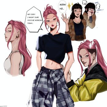 2girls absurdres alternate_hairstyle aroused_nosebleed black_eyes black_hair black_shirt blood blush brown_shirt commentary crop_top earrings english_commentary english_text hands_in_pockets highres hoop_earrings jacket jewelry kpop_demon_hunters long_hair mira_(kpop_demon_hunters) multiple_girls navel necklace nosebleed pants pink_hair plaid_clothes plaid_pants shirt situationj0001 tank_top twintails undercut white_tank_top yellow_jacket yuri zoey_(kpop_demon_hunters)