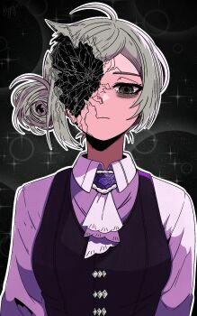 1girl ahoge ascot black_background black_vest brooch closed_mouth collared_shirt grey_eyes grey_hair hair_bun highres hole_in_face hollow_body hyojin_en jewelry looking_at_viewer reverse:1999 shirt short_hair single_side_bun solo upper_body vertin_(reverse:1999) vest waistcoat white_ascot white_shirt