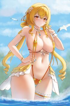 1girl absurdres areola_slip bare_shoulders bird blonde_hair blue_nails blue_sky blush bracelet breasts chinese_commentary choker cleavage closed_mouth cloud collarbone commentary_request covered_erect_nipples cowboy_shot day drill_hair fenny_golden gluteal_fold groin hair_between_eyes hair_ornament hair_ribbon hair_rings hand_on_own_hip highres jewelry large_breasts long_hair looking_at_viewer low_twintails navel o-ring o-ring_swimsuit ocean orange_choker orange_slingshot_swimsuit outdoors ribbon shell shell_hair_ornament showgirl_skirt sidelocks skirt sky slingshot_swimsuit smile snowbreak:_containment_zone solo standing stomach su_su_su swimsuit thigh_gap thigh_strap twin_drills twintails wading white_skirt yellow_eyes