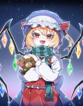 1girl :d ascot blonde_hair blush collared_shirt commentary_request cowboy_shot eyelashes fangs flandre_scarlet frilled_shirt_collar frills green_scarf hat hat_ornament hat_ribbon highres hugging_doll hugging_object long_sleeves looking_at_viewer mob_cap open_mouth puffy_long_sleeves puffy_sleeves red_eyes red_ribbon red_skirt red_vest ribbon scarf shirt sia_6767 skirt smile snowflake_hat_ornament solo striped_clothes striped_scarf stuffed_animal stuffed_toy teddy_bear touhou vest white_hat white_shirt wings yellow_ascot