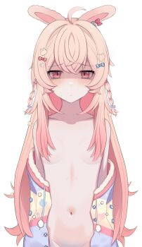 1girl absurdres animal_ears blue_bow blush bow braid breasts closed_mouth coat groin hair_bow hair_ornament hair_over_breasts heart heart_hair_ornament highres long_hair long_sleeves looking_at_viewer multicolored_coat naked_coat navel newjeffy7210 open_clothes open_coat pajamas phase_connect pink_bow pink_eyes pink_hair pink_pajamas pipkin_pippa pipkin_pippa_(1st_costume) pom_pom_(clothes) rabbit_ears rabbit_girl rabbit_hair_ornament simple_background small_breasts solo virtual_youtuber white_background