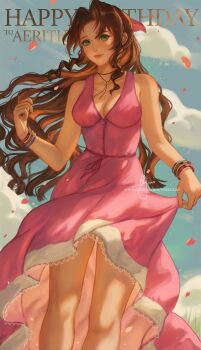 1girl aerith_gainsborough bangle bare_shoulders bracelet breasts brown_hair buttons character_name choker cleavage closed_mouth clothes_lift cloud cloudy_sky commentary dress dress_lift english_commentary falling_petals feet_out_of_frame final_fantasy final_fantasy_vii final_fantasy_vii_rebirth final_fantasy_vii_remake flower_choker green_eyes hair_ribbon happy_birthday highres jewelry light_smile long_dress long_hair medium_breasts outdoors parted_bangs patreon_username petals pink_dress pink_lips pink_petals pink_ribbon ponytail ribbon sidelocks signature sky sleeveless sleeveless_dress solo sundress wavy_hair wei_(promise_0820)