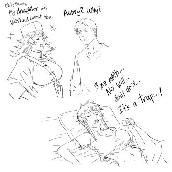 Rule 34 | 1boy, 2girls, absurdres, aubry (dark elf stepsister), bb (baalbuddy), breasts, dreaming, english text, highres, imagining, large breasts, mature female, multiple girls, original, short hair, sleeping, willford diccard, zzz