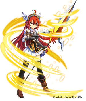 Rule 34 | 1girl, animal, animal on arm, aura, boots, brown boots, brown eyes, closed mouth, commentary request, copyright notice, edamame senpai, full body, holding, holding polearm, holding weapon, long hair, looking at viewer, official art, polearm, red hair, skirt, solo, squirrel, standing, thousand memories, weapon, white skirt