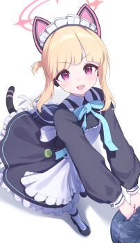 1girl :3 :d aimo_wotku animal_ear_headphones animal_ears apron black_dress black_shoes blonde_hair blue_archive blue_bow blue_bowtie blunt_bangs blush bow bowtie bucket cat_ear_headphones cat_ears cat_tail commentary_request dress fake_animal_ears fake_tail foreshortening frilled_apron frilled_dress frills from_above full_body halo headphones highres holding holding_bucket long_sleeves looking_at_viewer looking_up maid maid_headdress medium_hair millennium_science_school_logo momoi_(blue_archive) momoi_(maid)_(blue_archive) official_alternate_costume official_alternate_hairstyle open_mouth pink_halo puffy_long_sleeves puffy_sleeves red_eyes shoes sidelocks simple_background smile solo tail tareme v-shaped_eyebrows v_arms white_apron white_background