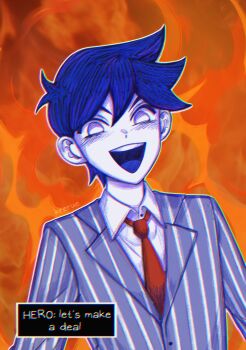 1boy absurdres antenna_hair bossman_hero collared_shirt colored_tongue double-parted_bangs english_text evil_smile formal_clothes hero_(headspace)_(omori) hero_(omori) highres krerue long_sleeves looking_at_viewer male_focus necktie omori open_mouth pinstripe_pattern pinstripe_suit purple_hair purple_tongue red_necktie shirt short_hair smile solo suit upper_body white_eyes white_shirt