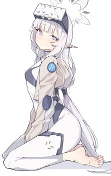 Rule 34 | absurdres, ahti, barefoot, blue archive, bodysuit, commentary request, cropped jacket, earclip, from side, full body, goggles, goggles on head, halo, head-mounted display, highres, himari (blue archive), himari (bodysuit) (blue archive), long hair, looking at viewer, low-tied long hair, mole, mole under eye, multicolored halo, pointy ears, seiza, sitting, smile, soles, toes, two-tone halo, white background, white bodysuit, white hair, white halo