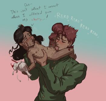 1boy 1girl age_difference ahegao armpits barefoot black_hair blush brown_eyes cherry cherry_earrings clothed_male_nude_female collarbone completely_nude cunnilingus dark-skinned_female dark_skin earrings english_text eyelashes facing_viewer feet flat_chest food food-themed_earrings food_themed_earrings freckles fruit full_body gradient_background groin height_difference hetero highres holding holding_food holding_ice_cream ice_cream jewelry jojo_no_kimyou_na_bouken kakyoin_noriaki legs lifting_person lips loli long_hair looking_at_viewer navel neck nipples nude open_mouth oral parted_bangs pears pussy pussy_juice red_hair rero_rero runaway_girl_(jojo) saliva sex short_hair sidelocks standing stardust_crusaders sweat sweatdrop talking thighs toes tongue tongue_out uncensored unworn_clothes