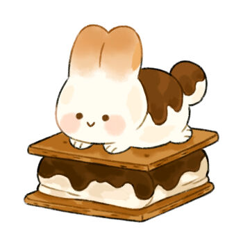 animal animal_focus blush chocolate closed_mouth commentary english_commentary food food-themed_creature food_focus graham_cracker lying marshmallow mjoyart no_humans original rabbit s'more smile solo