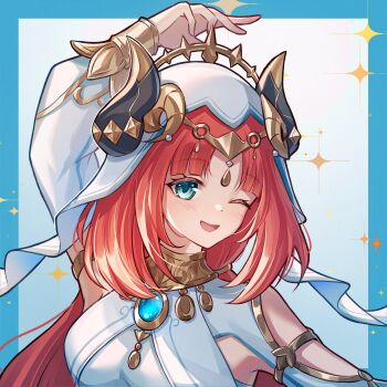 1girl :d absurdres aqua_eyes arm_up blue_border blue_gemstone border breasts circlet commentary_request fake_horns gem genshin_impact gold_trim harem_outfit highres horns long_hair looking_at_viewer medium_breasts nilou_(genshin_impact) one_eye_closed open_mouth parted_bangs red_hair smile solo sparkle twintails upper_body veil white_veil yuno_kaihara