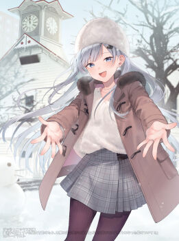 Rule 34 | 1girl, :d, beanie, blue eyes, blue sky, brown coat, brown pantyhose, building, clock, clock tower, coat, collarbone, commentary, day, fur-trimmed coat, fur trim, grey hair, grey skirt, hat, highres, long hair, looking at viewer, midorikawa you, open clothes, open coat, open mouth, original, outdoors, outstretched arms, pantyhose, plaid clothes, plaid skirt, pleated skirt, ribbed pantyhose, roman numeral, shirt, skirt, sky, smile, snowman, solo, standing, untranslatable commentary, tower, tree, very long hair, white hat, white shirt