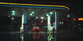 absurdres car commentary_request floodlights gas_station highres motor_vehicle night original outdoors people puddle rain red_car reflection reflective_liquid scenery shang_zhou water